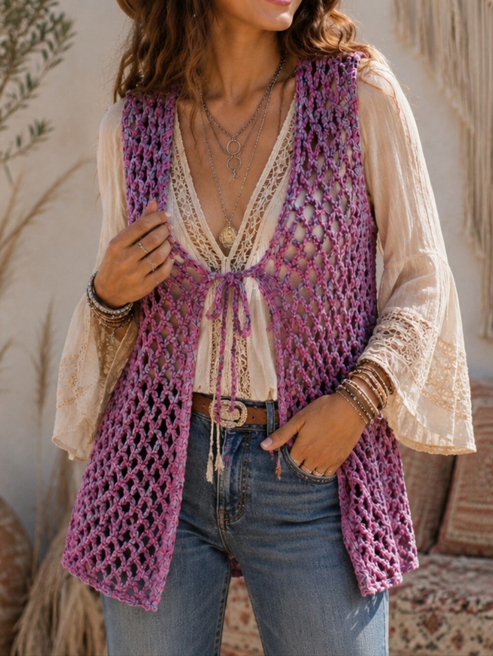Crochet Openwork/Weave Vest Cardigan Pink Grey Womens Tie Front Boho Handmade